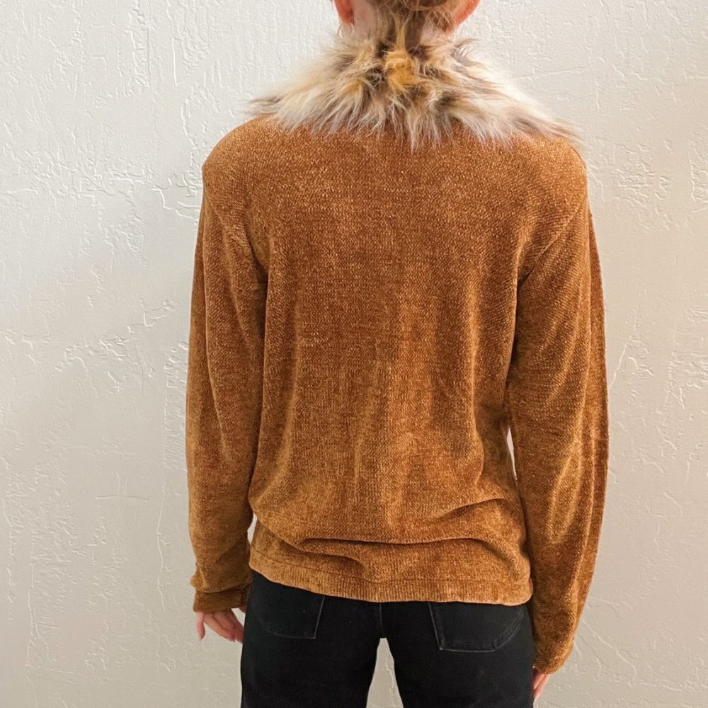 Vintage 1990's Tan Chenille Knit Fur Collar Zip Up Sweater - Picture 4 of 7